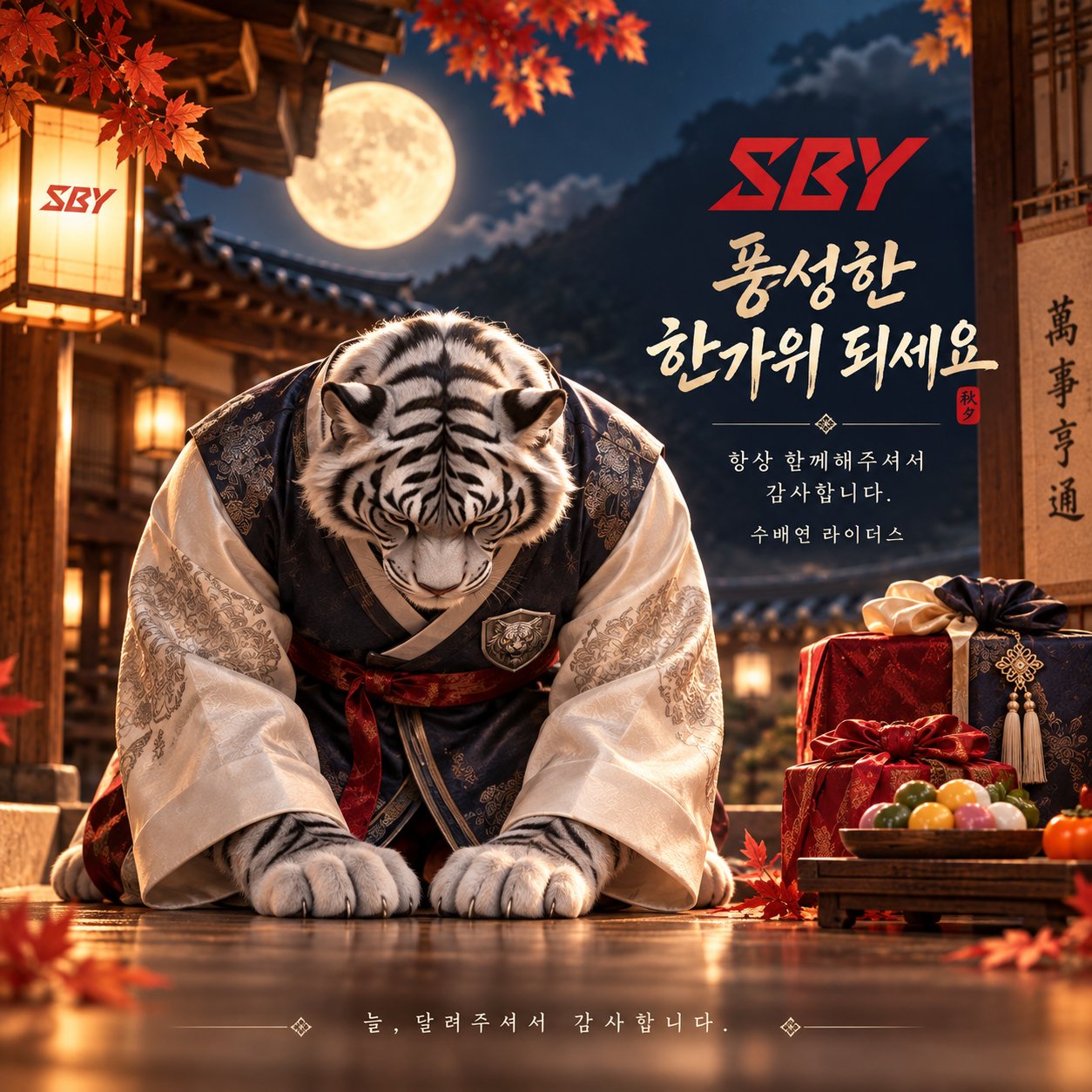 한복을 입고 큰절을 올리는 백호 — 풍성한 한가위 되세요. 항상 함께해주셔서 감사합니다. 수배연 라이더스